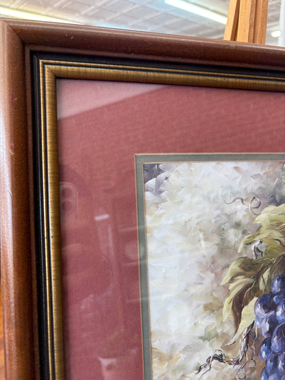 Fruit Still-Life Print by "Lynne" — Grapes, Plums & Barrel, Burgundy Mat, Walnut Frame, 23"x19" - Loom Vintage