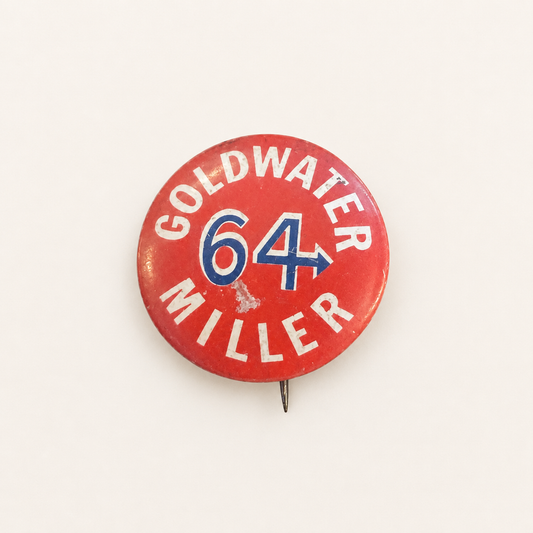 Goldwater Miller 1964 campaign button with blue 64 arrow design on red