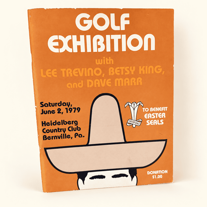1979 Lee Trevino, Betsy King and Dave Marr golf exhibition program, orange sombrero cover, photo 3 of 4