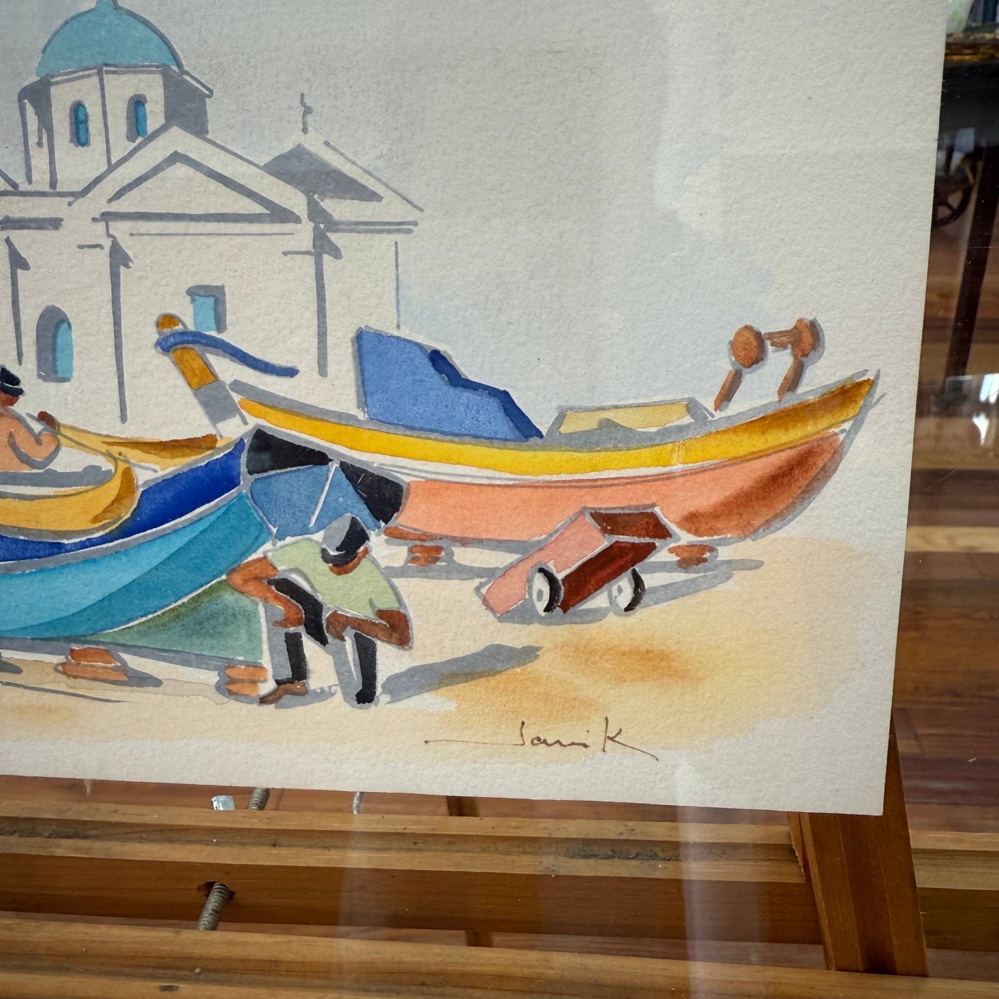 Greece Watercolor Painting of Boats & Chapel Scene by Sami K (Framed) - Loom Vintage