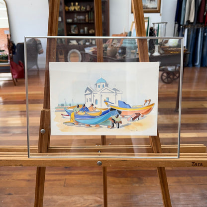 Greece Watercolor Painting of Boats & Chapel Scene by Sami K (Framed) - Loom Vintage