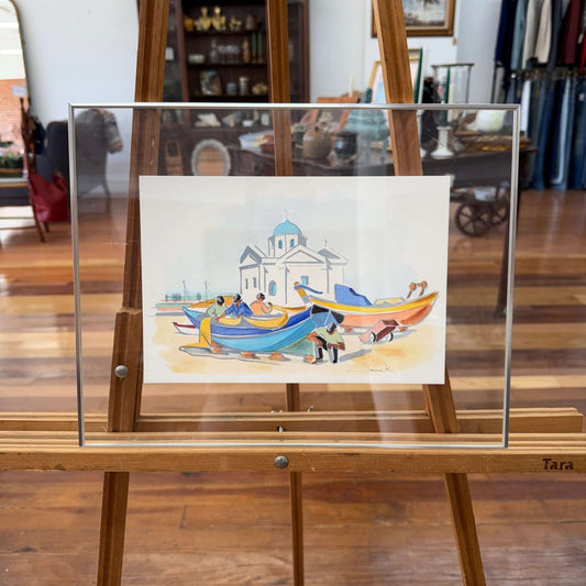 Greece Watercolor Painting of Boats & Chapel Scene by Sami K (Framed) - Loom Vintage