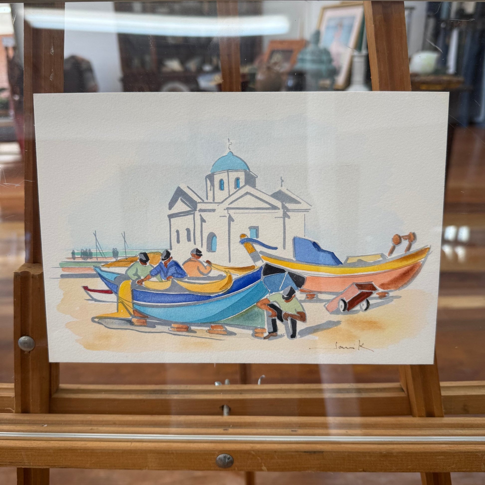Greece Watercolor Painting of Boats & Chapel Scene by Sami K (Framed) - Loom Vintage