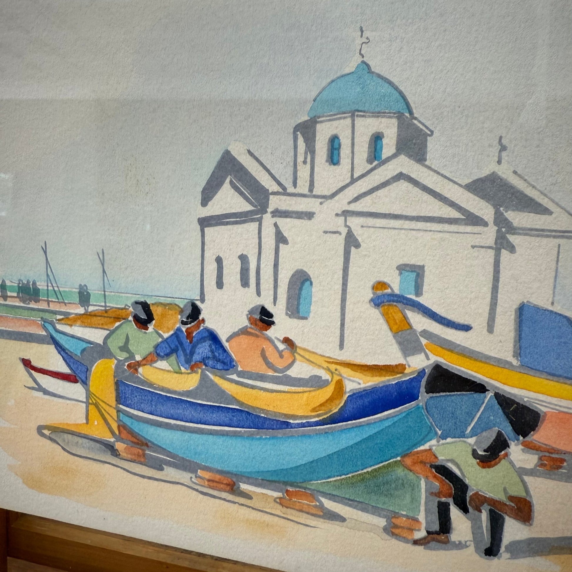 Greece Watercolor Painting of Boats & Chapel Scene by Sami K (Framed) - Loom Vintage