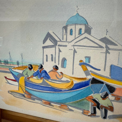 Greece Watercolor Painting of Boats & Chapel Scene by Sami K (Framed) - Loom Vintage