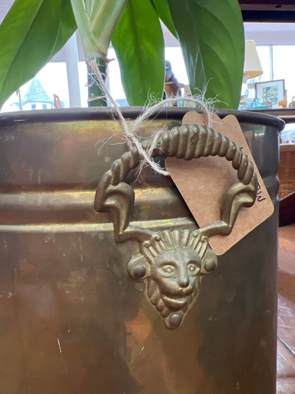 Hammered Brass Mask - Handle Planter Bucket – 10″ Round Vintage Cachepot - Loom Vintage