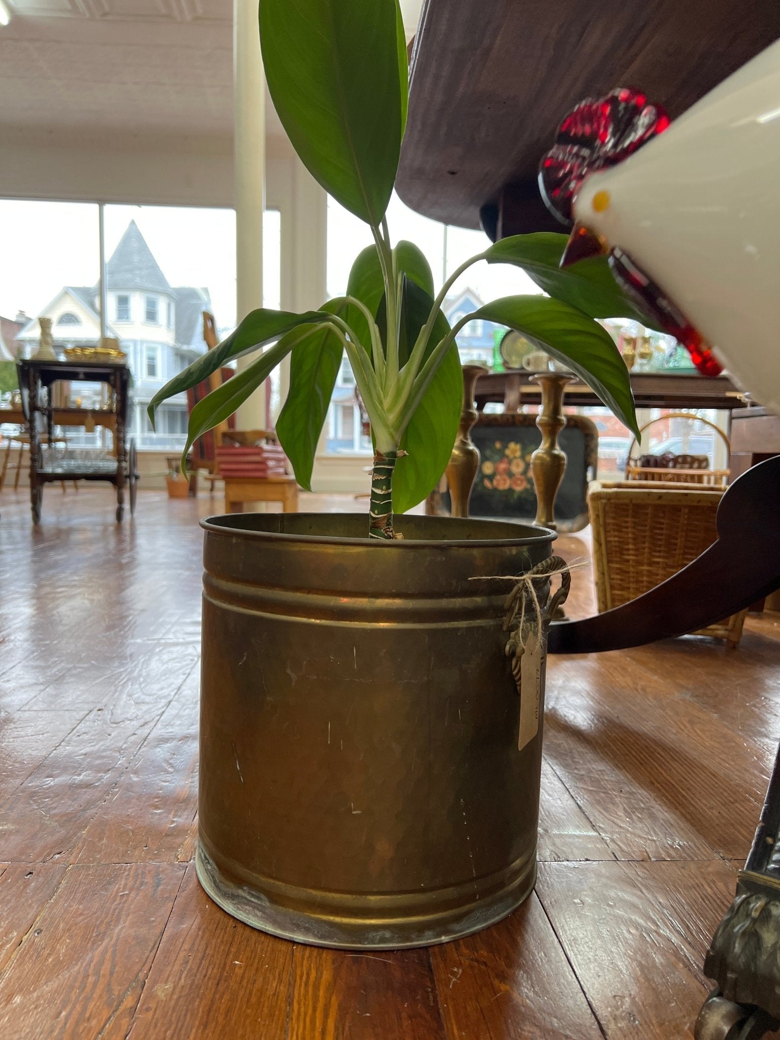Hammered Brass Mask - Handle Planter Bucket – 10″ Round Vintage Cachepot - Loom Vintage