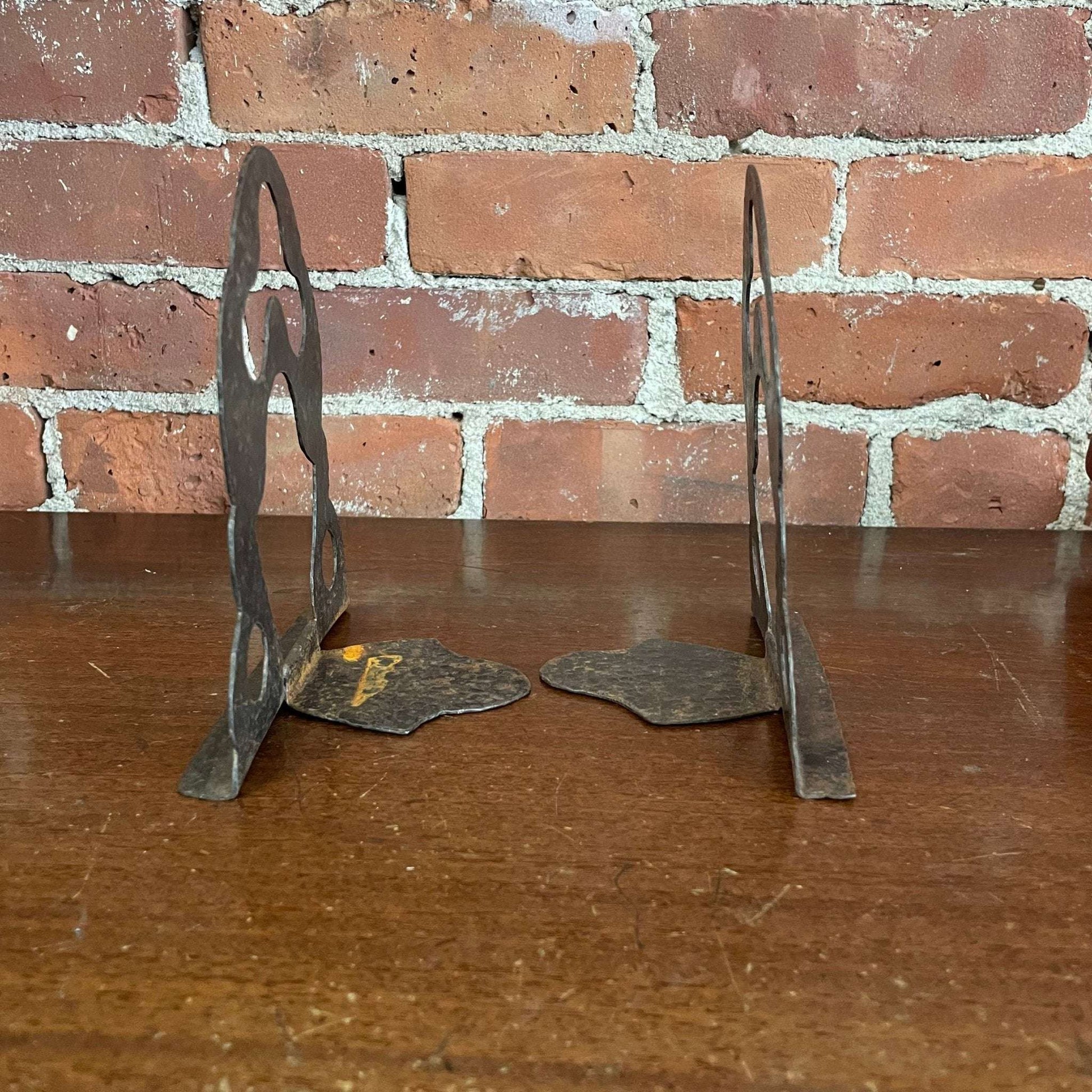 Hammered Metal Bookends with Abstract Cutout Design — Rusty Patina, Pair, 6.25"H - Loom Vintage