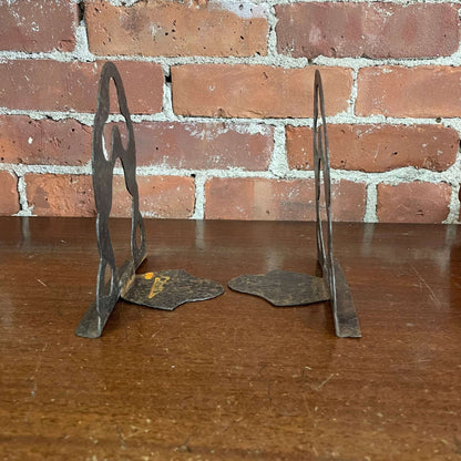 Hammered Metal Bookends with Abstract Cutout Design — Rusty Patina, Pair, 6.25"H - Loom Vintage