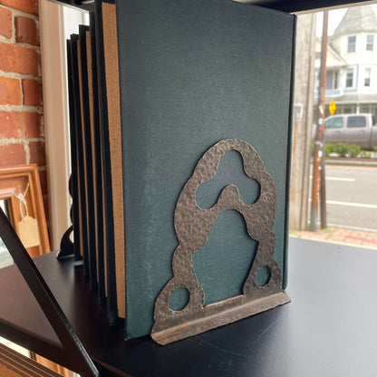 Hammered Metal Bookends with Abstract Cutout Design — Rusty Patina, Pair, 6.25"H - Loom Vintage