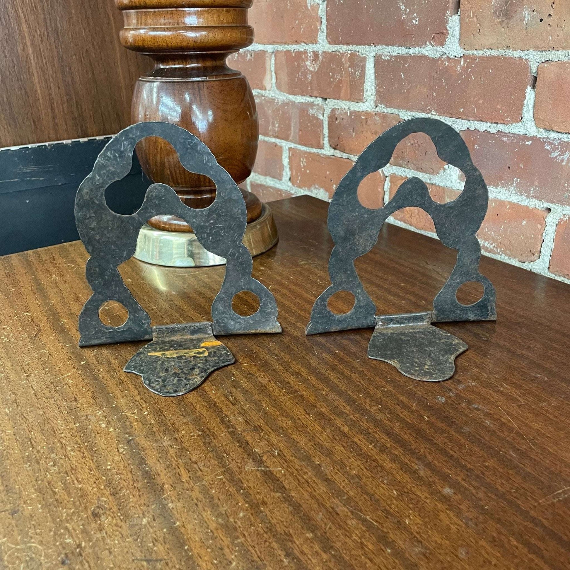 Hammered Metal Bookends with Abstract Cutout Design — Rusty Patina, Pair, 6.25"H - Loom Vintage