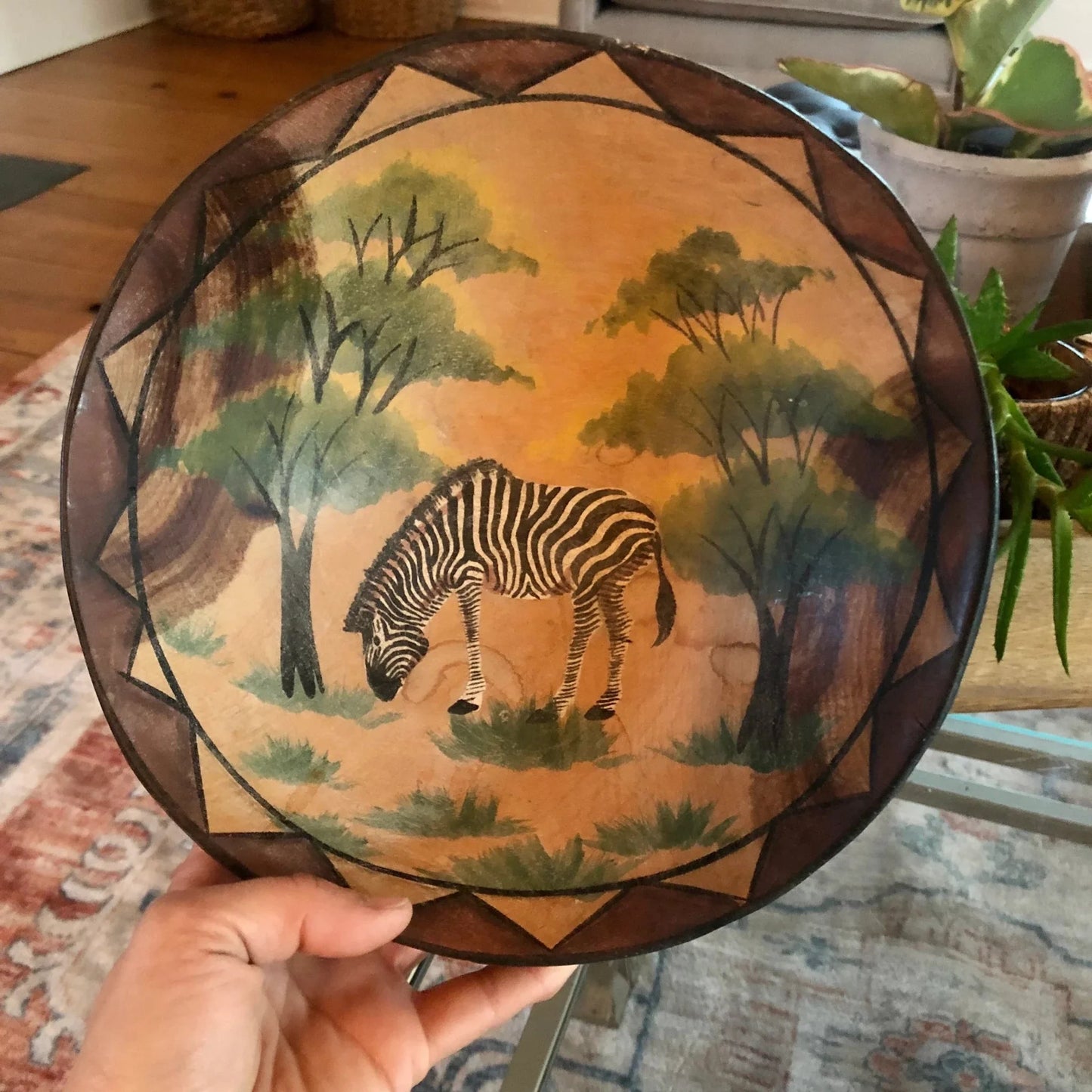 Hand - Carved and Painted African Wood Bowl — Zebra in Forest, Geometric Rim, 9" diameter - Loom Vintage