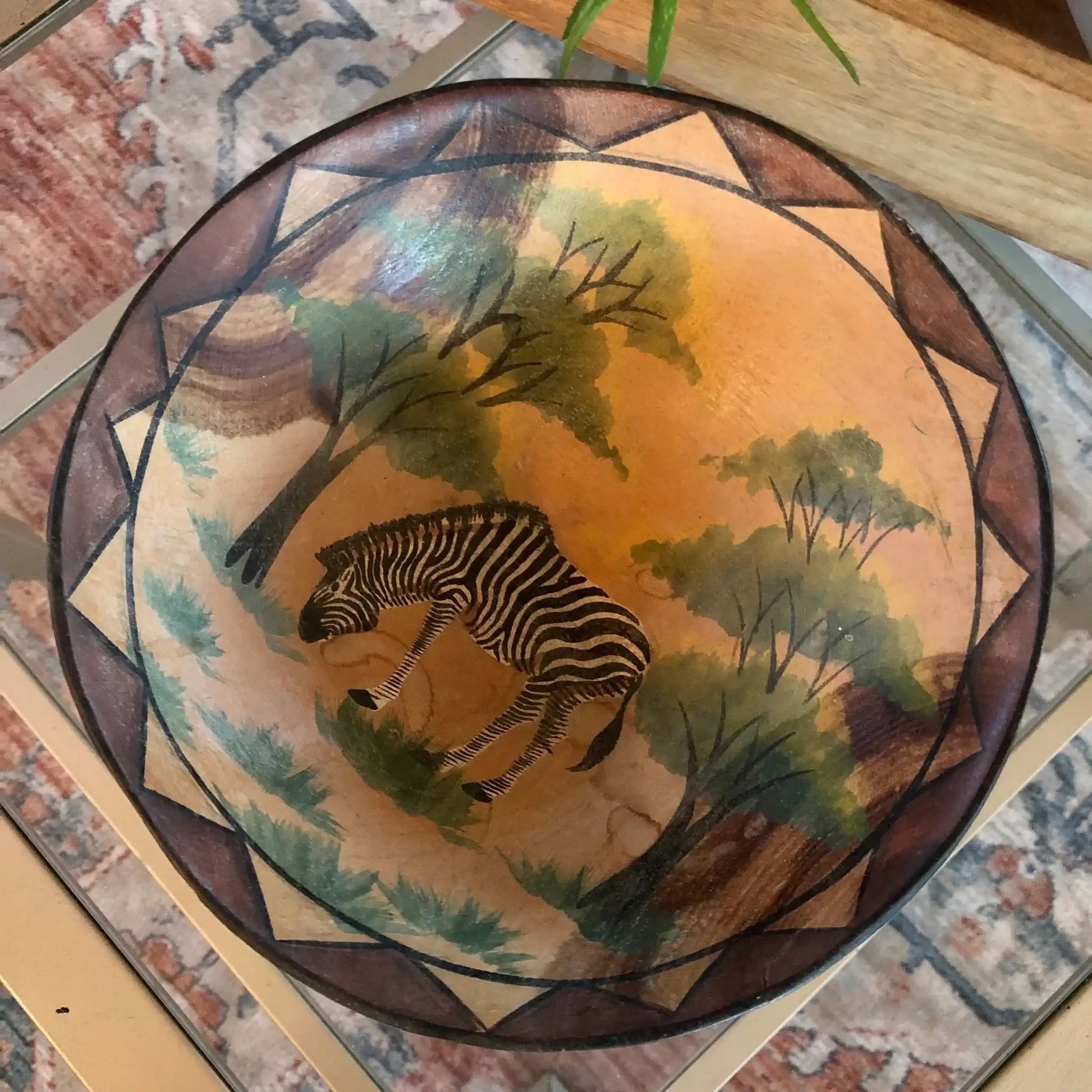 Hand - Carved and Painted African Wood Bowl — Zebra in Forest, Geometric Rim, 9" diameter - Loom Vintage