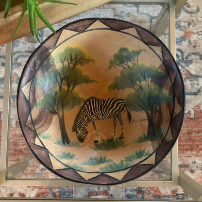 Hand - Carved and Painted African Wood Bowl — Zebra in Forest, Geometric Rim, 9" diameter - Loom Vintage