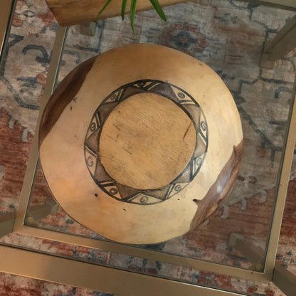 Hand - Carved and Painted African Wood Bowl — Zebra in Forest, Geometric Rim, 9" diameter - Loom Vintage