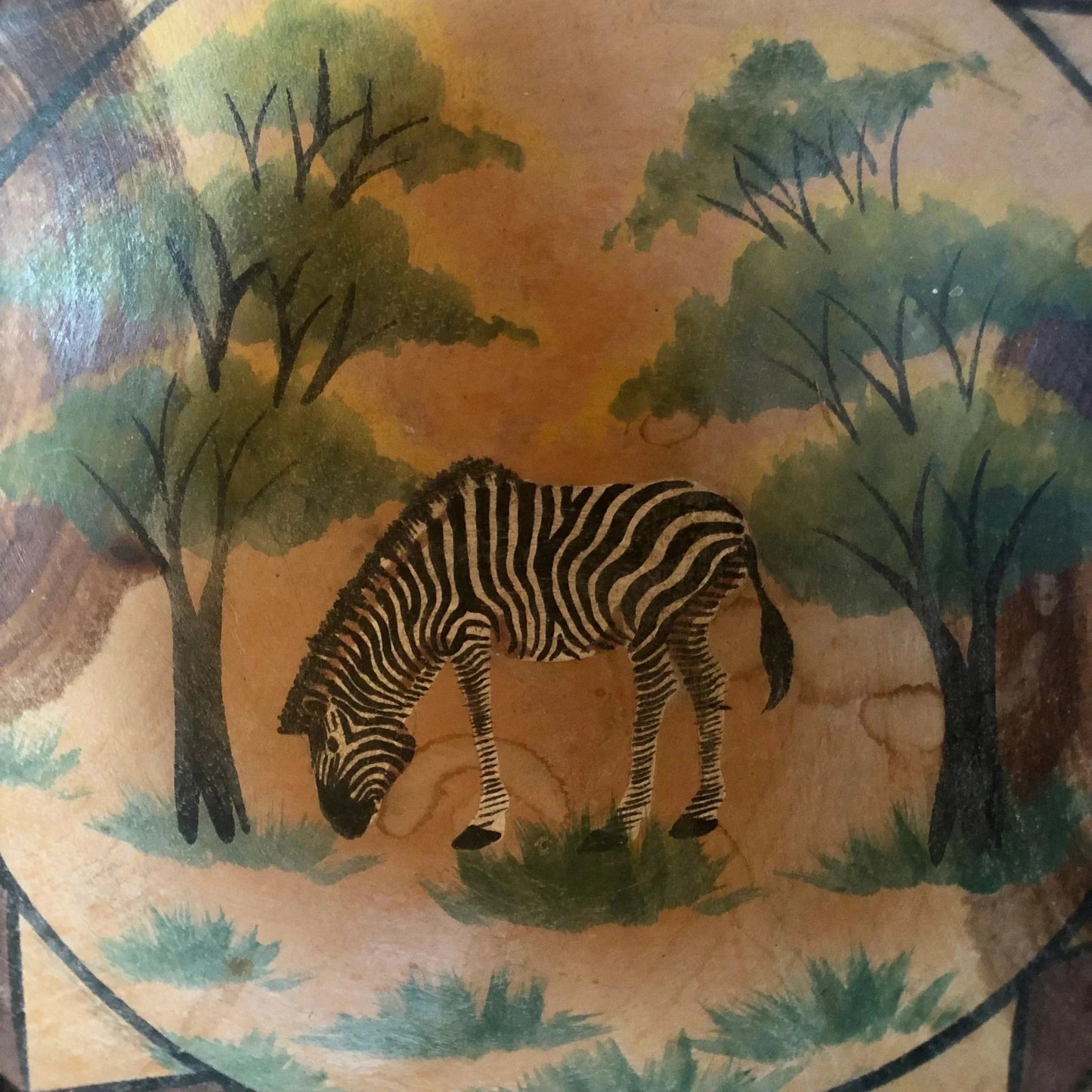 Hand - Carved and Painted African Wood Bowl — Zebra in Forest, Geometric Rim, 9" diameter - Loom Vintage