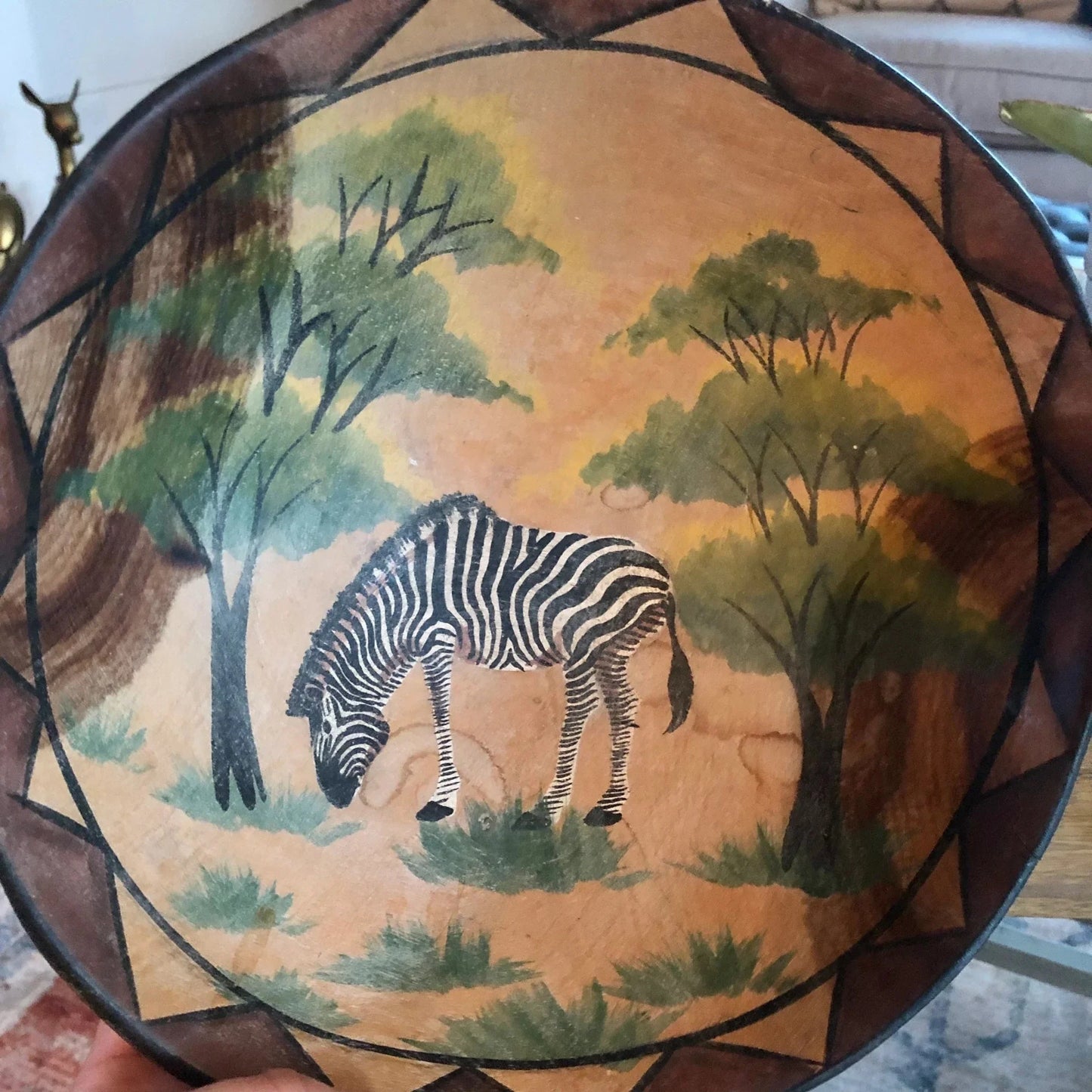 Hand - Carved and Painted African Wood Bowl — Zebra in Forest, Geometric Rim, 9" diameter - Loom Vintage