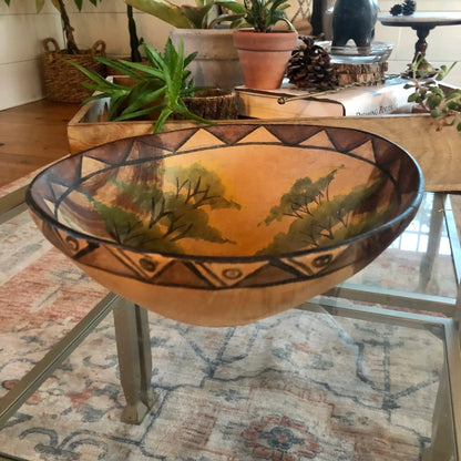 Hand - Carved and Painted African Wood Bowl — Zebra in Forest, Geometric Rim, 9" diameter - Loom Vintage