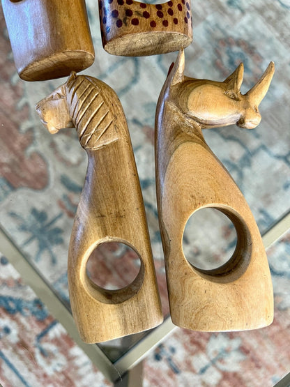 Hand-Carved Kenyan Wood Napkin Rings, Set of 4 — Elephant, Lion, Cheetah & Rhino, Made in Kenya - Loom Vintage