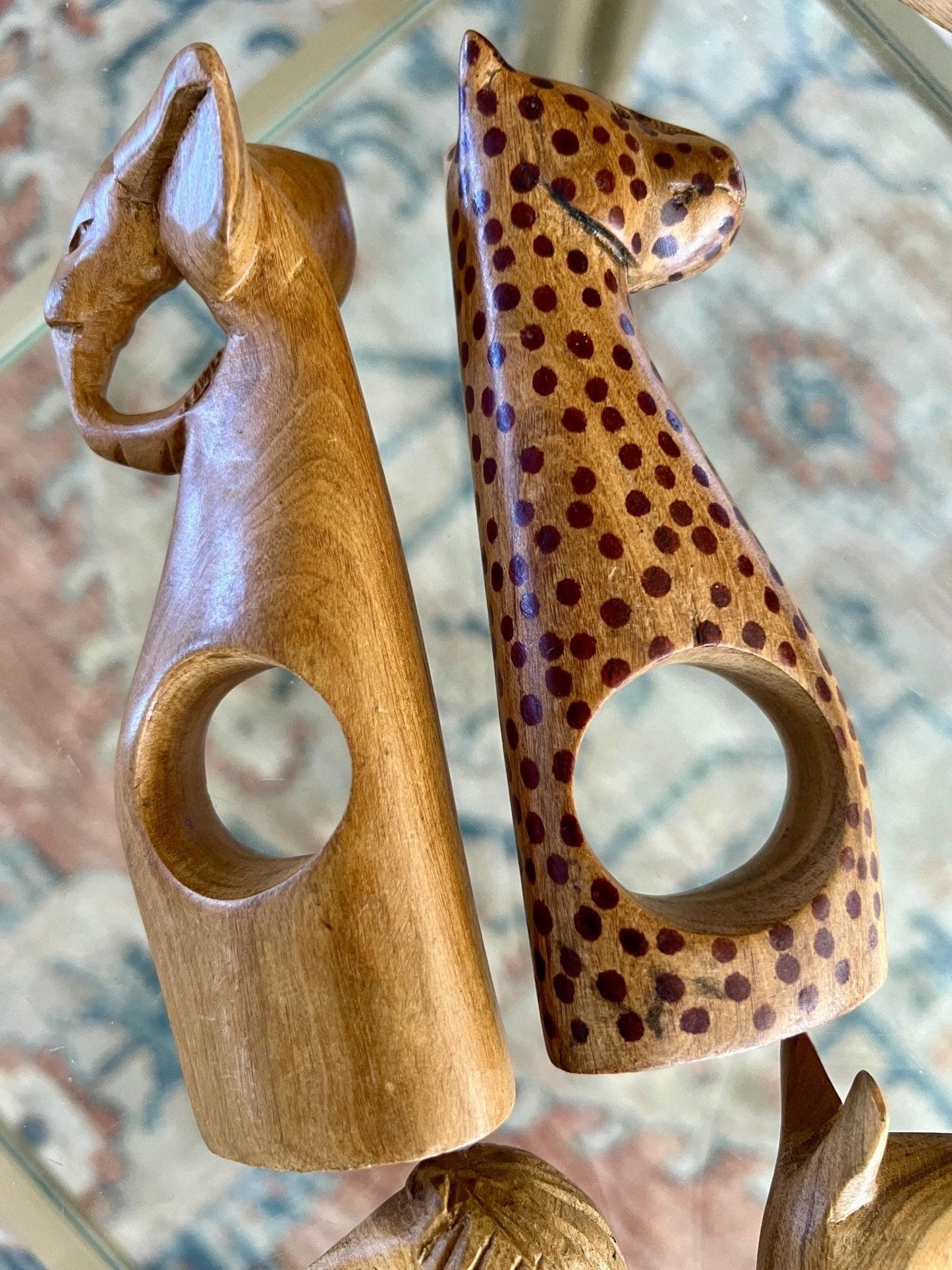 Hand-Carved Kenyan Wood Napkin Rings, Set of 4 — Elephant, Lion, Cheetah & Rhino, Made in Kenya - Loom Vintage