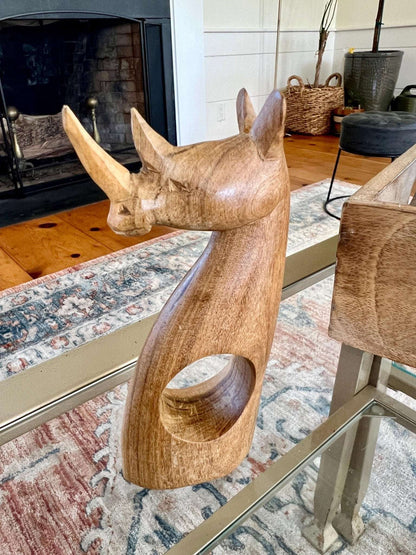 Hand-Carved Kenyan Wood Napkin Rings, Set of 4 — Elephant, Lion, Cheetah & Rhino, Made in Kenya - Loom Vintage