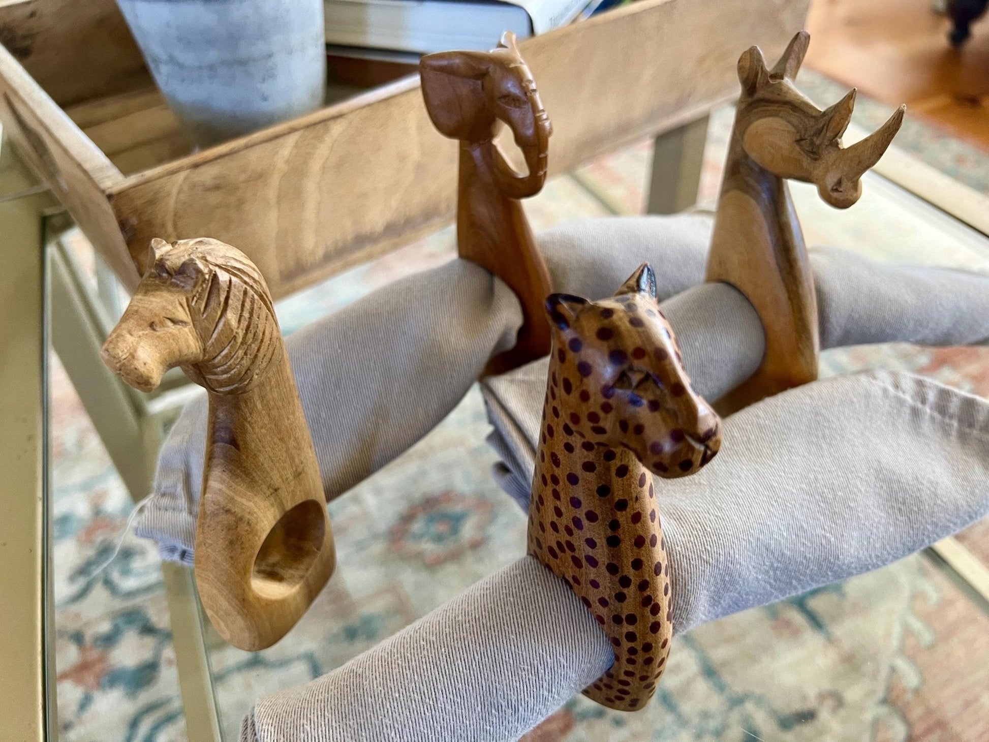 Hand-Carved Kenyan Wood Napkin Rings, Set of 4 — Elephant, Lion, Cheetah & Rhino, Made in Kenya - Loom Vintage