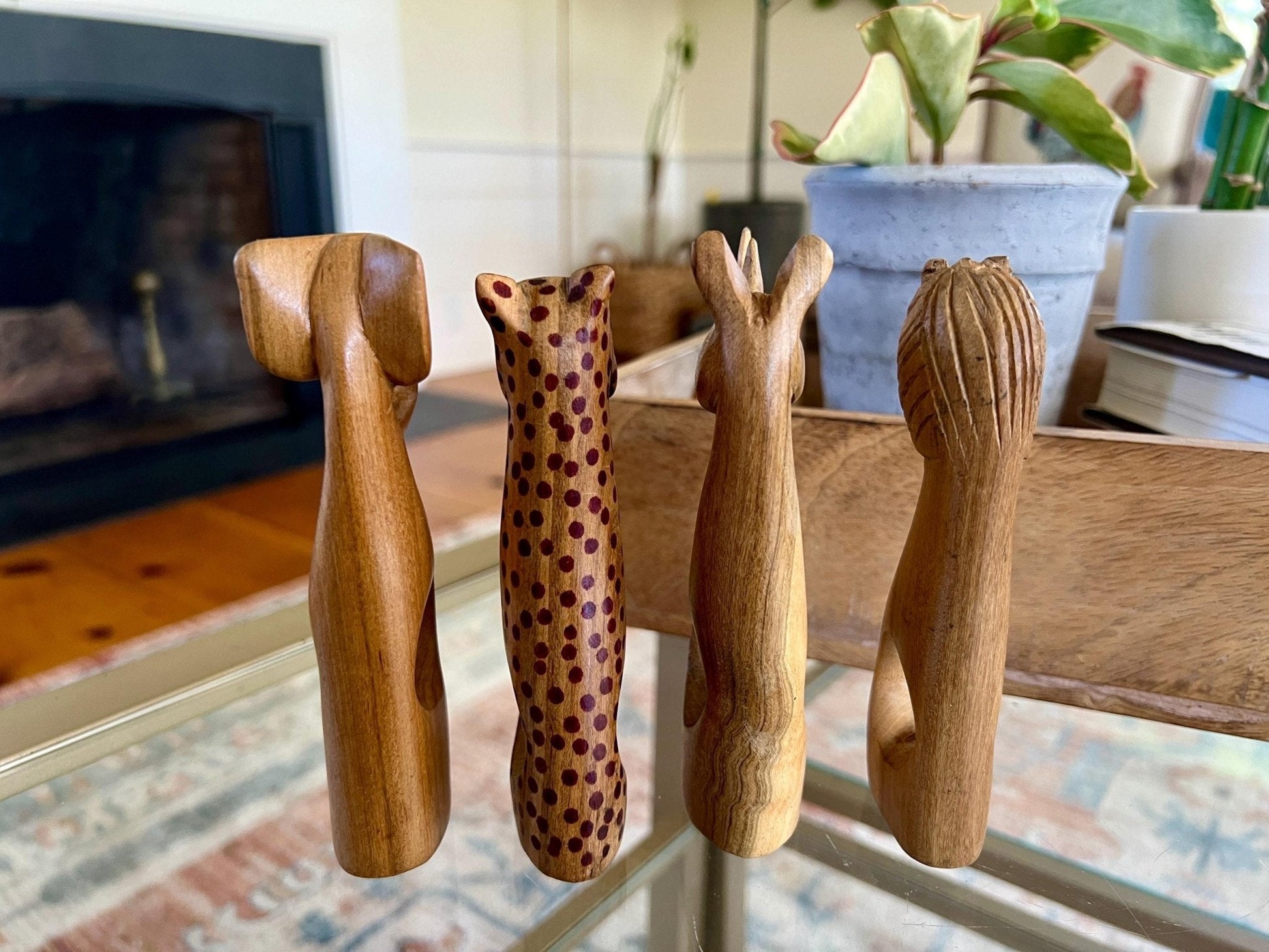 Hand-Carved Kenyan Wood Napkin Rings, Set of 4 — Elephant, Lion, Cheetah & Rhino, Made in Kenya - Loom Vintage