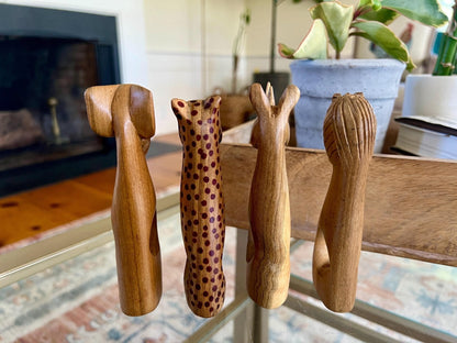 Hand-Carved Kenyan Wood Napkin Rings, Set of 4 — Elephant, Lion, Cheetah & Rhino, Made in Kenya - Loom Vintage