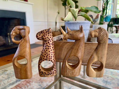 Hand-Carved Kenyan Wood Napkin Rings, Set of 4 — Elephant, Lion, Cheetah & Rhino, Made in Kenya - Loom Vintage