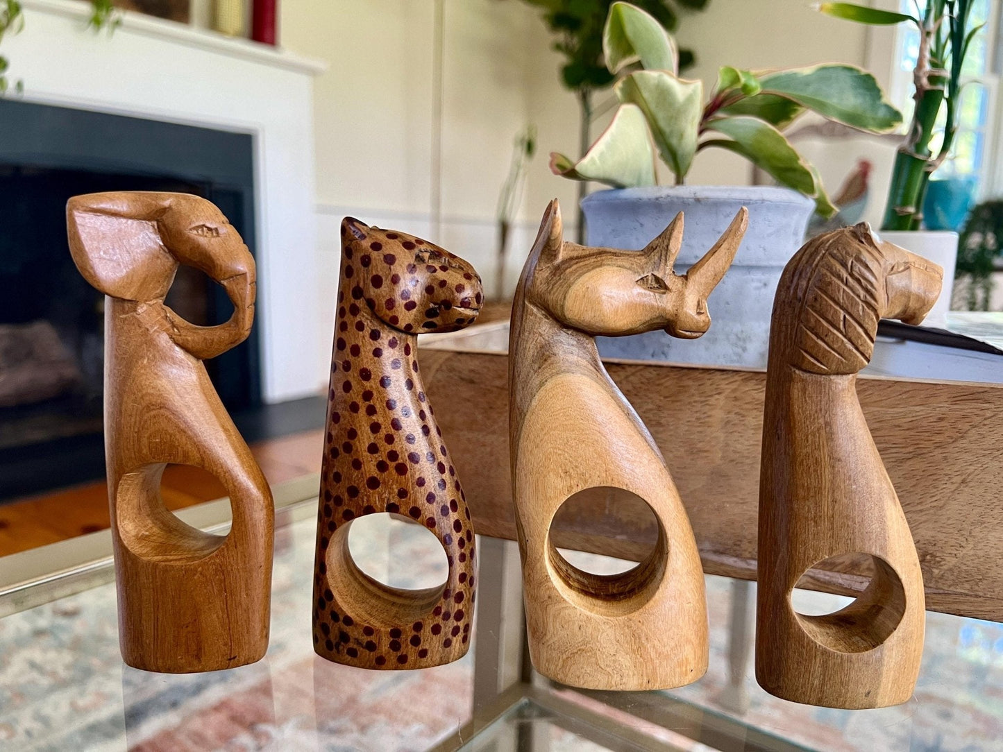 Hand-Carved Kenyan Wood Napkin Rings, Set of 4 — Elephant, Lion, Cheetah & Rhino, Made in Kenya - Loom Vintage