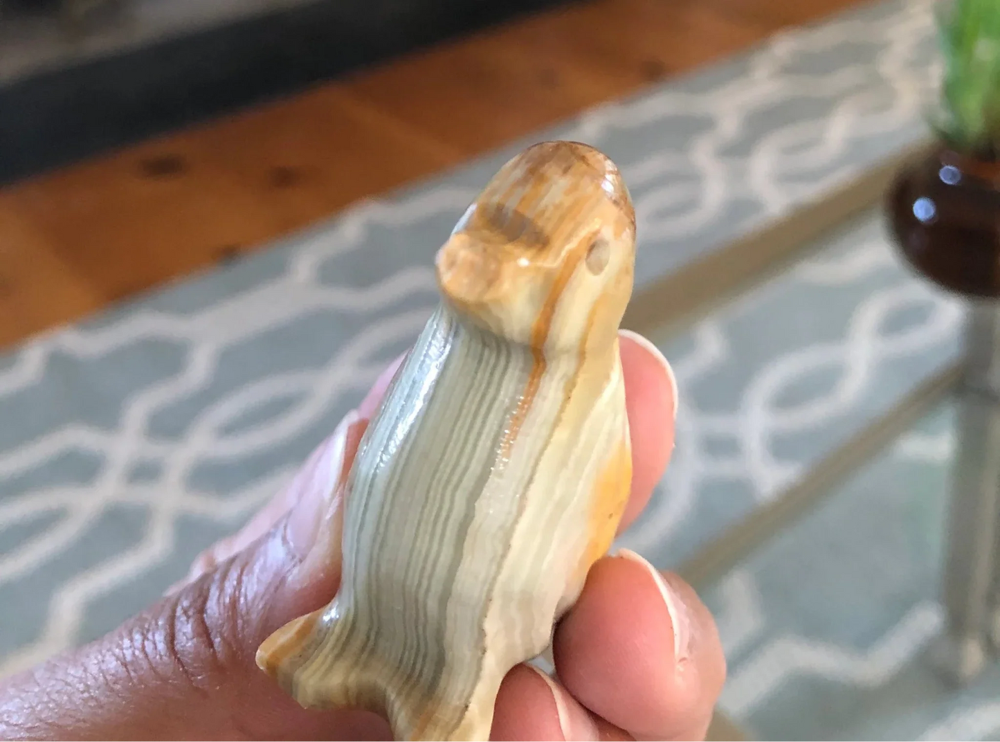 Hand - Carved Marble Penguin Figurine — Green & Brown Striations, 2"H - Loom Vintage