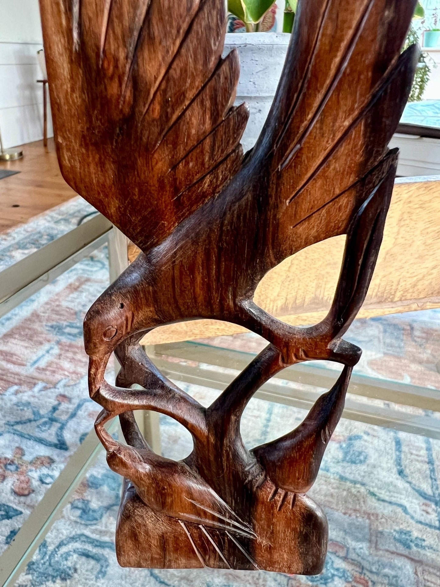 Hand-Carved Wood Bird Sculpture — Mother Feeding Baby Birds, Single-Piece Carving, 8"H - Loom Vintage