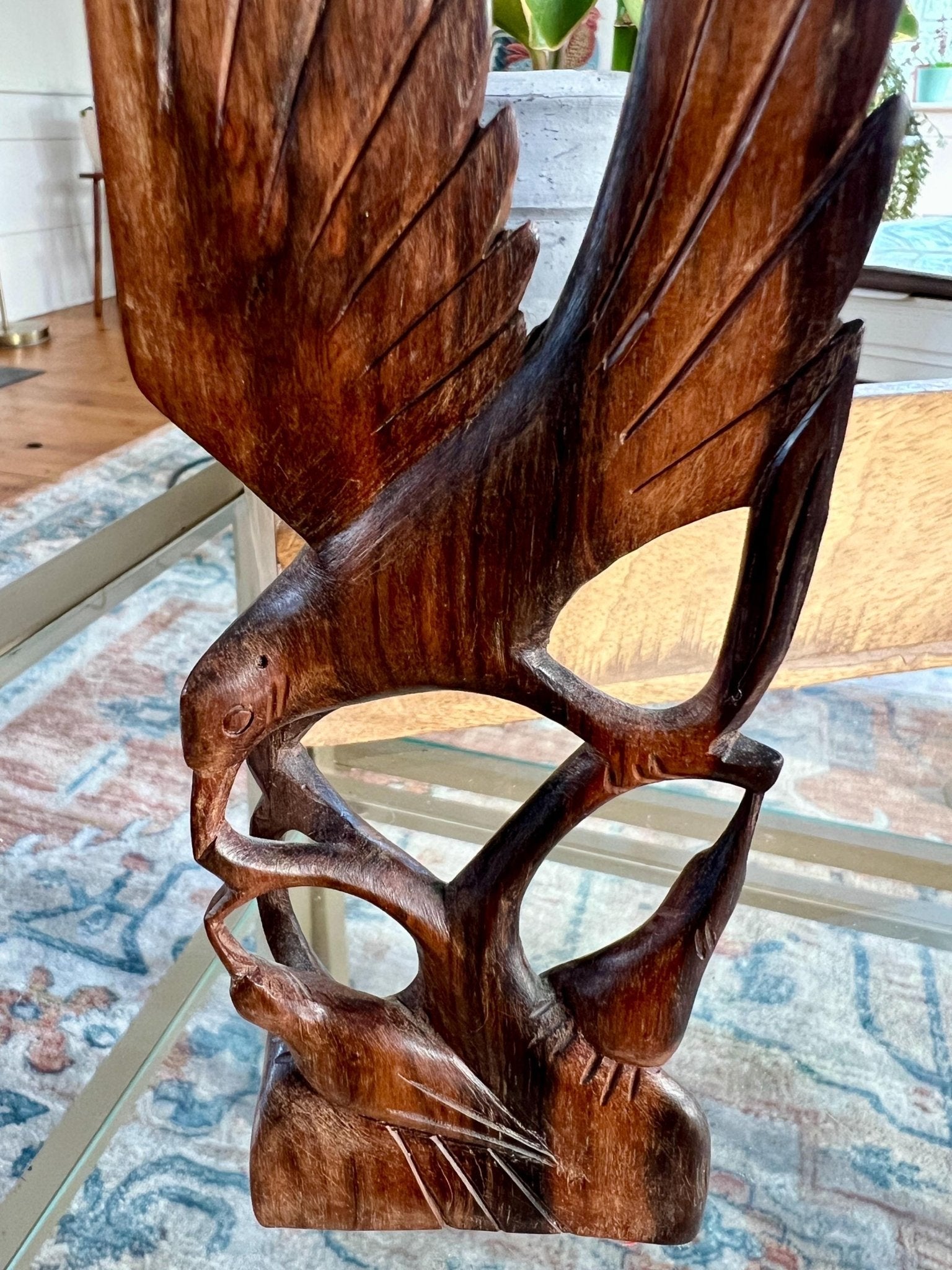 Hand-Carved Wood Bird Sculpture — Mother Feeding Baby Birds, Single-Piece Carving, 8"H - Loom Vintage