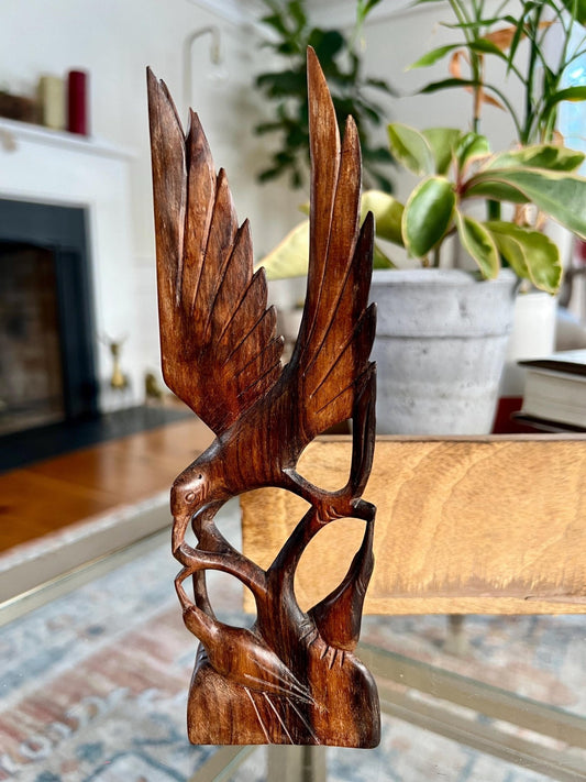 Hand-Carved Wood Bird Sculpture — Mother Feeding Baby Birds, Single-Piece Carving, 8"H - Loom Vintage