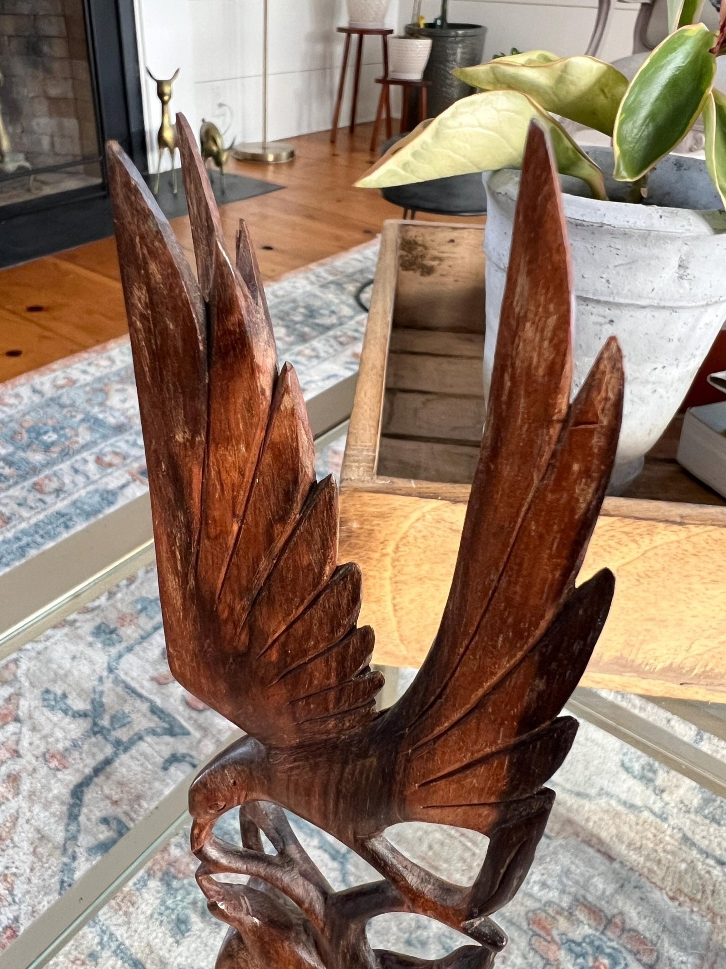 Hand-Carved Wood Bird Sculpture — Mother Feeding Baby Birds, Single-Piece Carving, 8"H - Loom Vintage