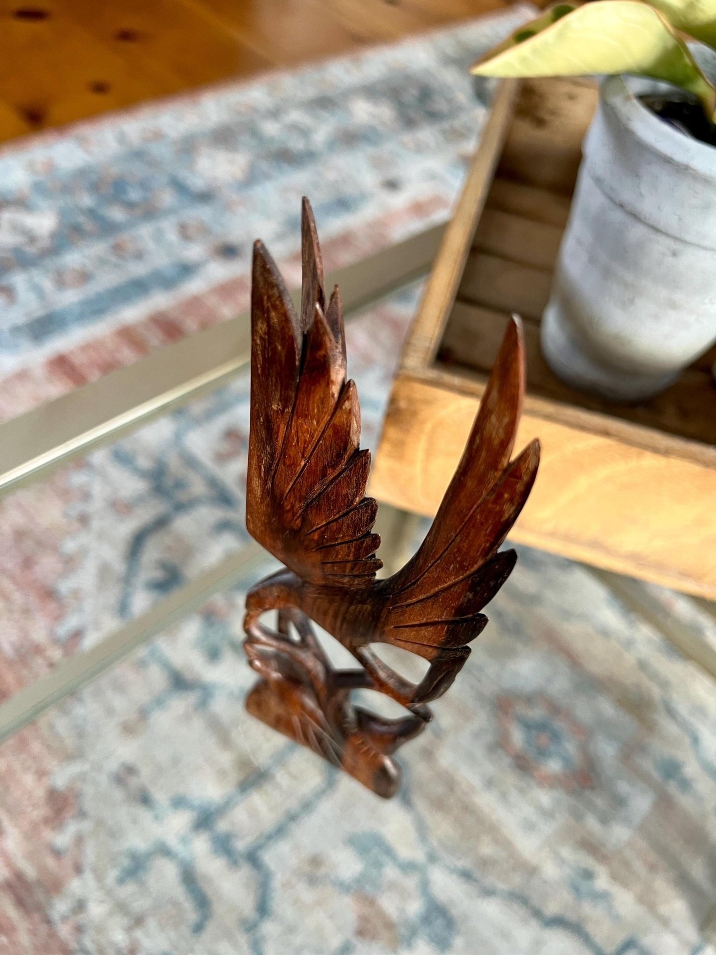 Hand-Carved Wood Bird Sculpture — Mother Feeding Baby Birds, Single-Piece Carving, 8"H - Loom Vintage