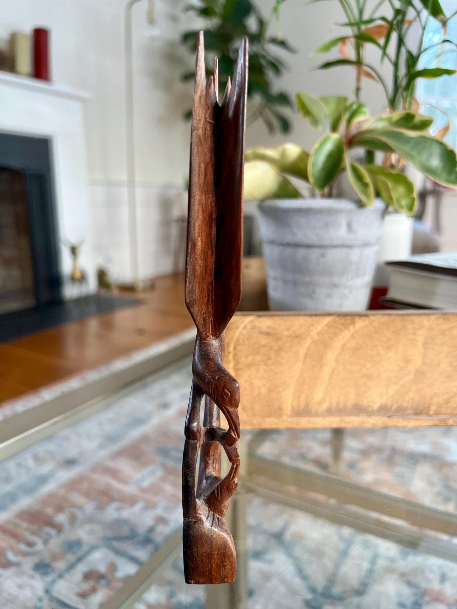 Hand-Carved Wood Bird Sculpture — Mother Feeding Baby Birds, Single-Piece Carving, 8"H - Loom Vintage