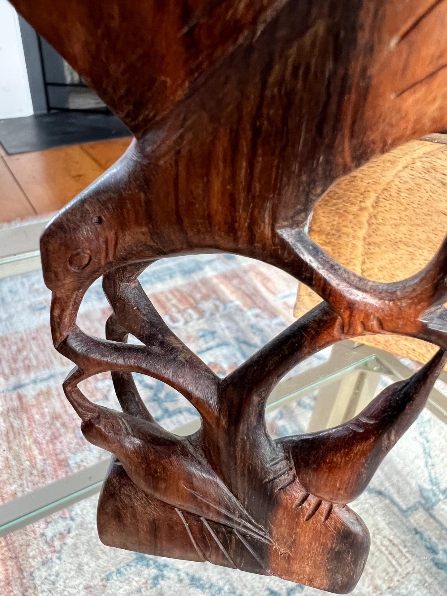 Hand-Carved Wood Bird Sculpture — Mother Feeding Baby Birds, Single-Piece Carving, 8"H - Loom Vintage
