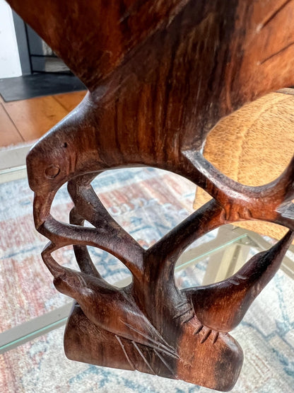 Hand-Carved Wood Bird Sculpture — Mother Feeding Baby Birds, Single-Piece Carving, 8"H - Loom Vintage