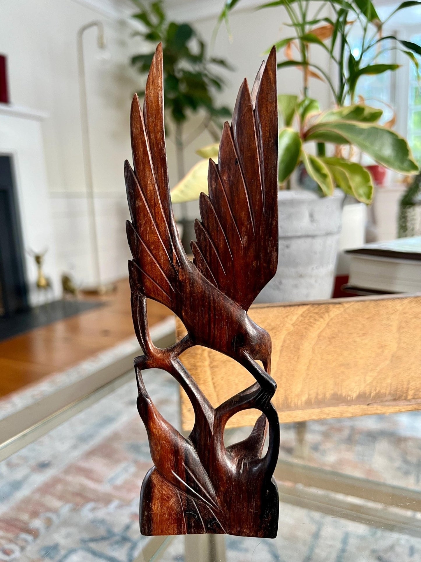 Hand-Carved Wood Bird Sculpture — Mother Feeding Baby Birds, Single-Piece Carving, 8"H - Loom Vintage