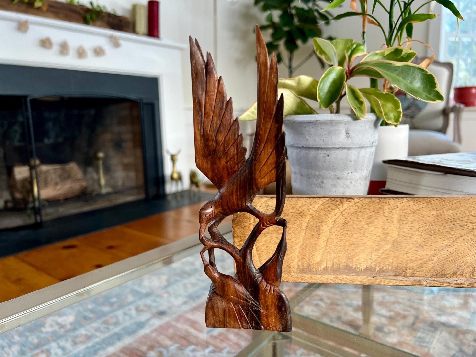 Hand-Carved Wood Bird Sculpture — Mother Feeding Baby Birds, Single-Piece Carving, 8"H - Loom Vintage