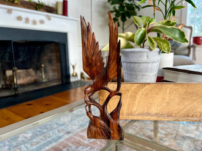 Hand-Carved Wood Bird Sculpture — Mother Feeding Baby Birds, Single-Piece Carving, 8"H - Loom Vintage