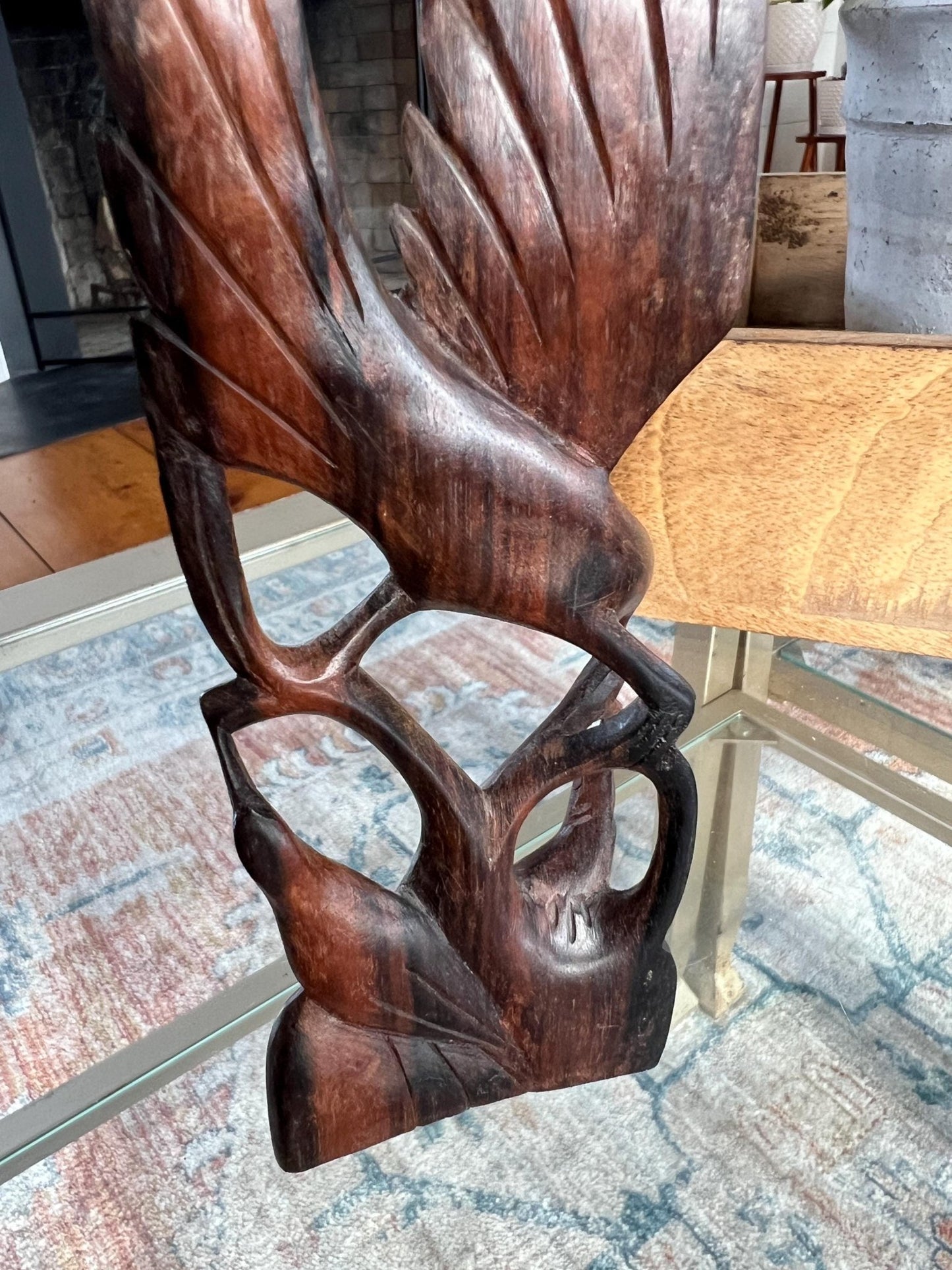 Hand-Carved Wood Bird Sculpture — Mother Feeding Baby Birds, Single-Piece Carving, 8"H - Loom Vintage