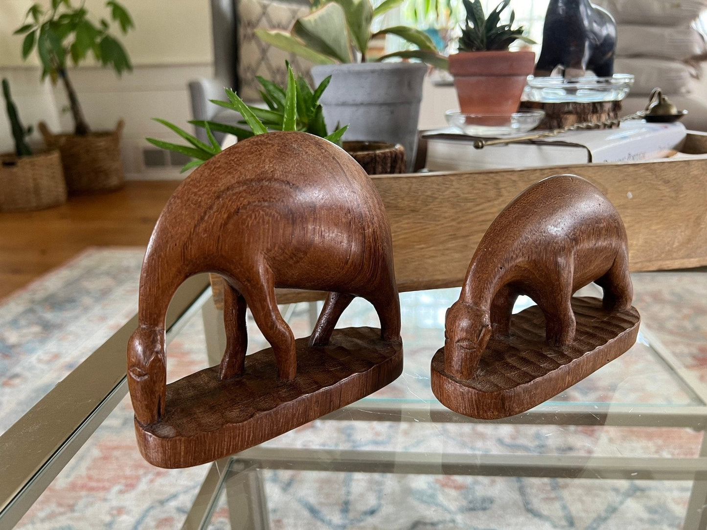 Hand - Carved Wood Drinking Antelope Figurines, Pair — Solid Wood, African, c. Mid - 20th Century - Loom Vintage