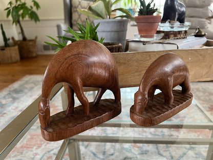 Hand - Carved Wood Drinking Antelope Figurines, Pair — Solid Wood, African, c. Mid - 20th Century - Loom Vintage