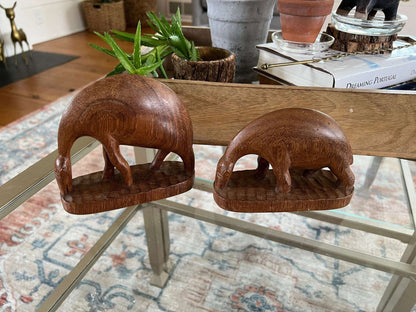 Hand - Carved Wood Drinking Antelope Figurines, Pair — Solid Wood, African, c. Mid - 20th Century - Loom Vintage