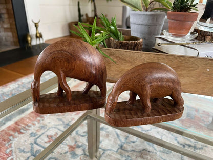 Hand - Carved Wood Drinking Antelope Figurines, Pair — Solid Wood, African, c. Mid - 20th Century - Loom Vintage