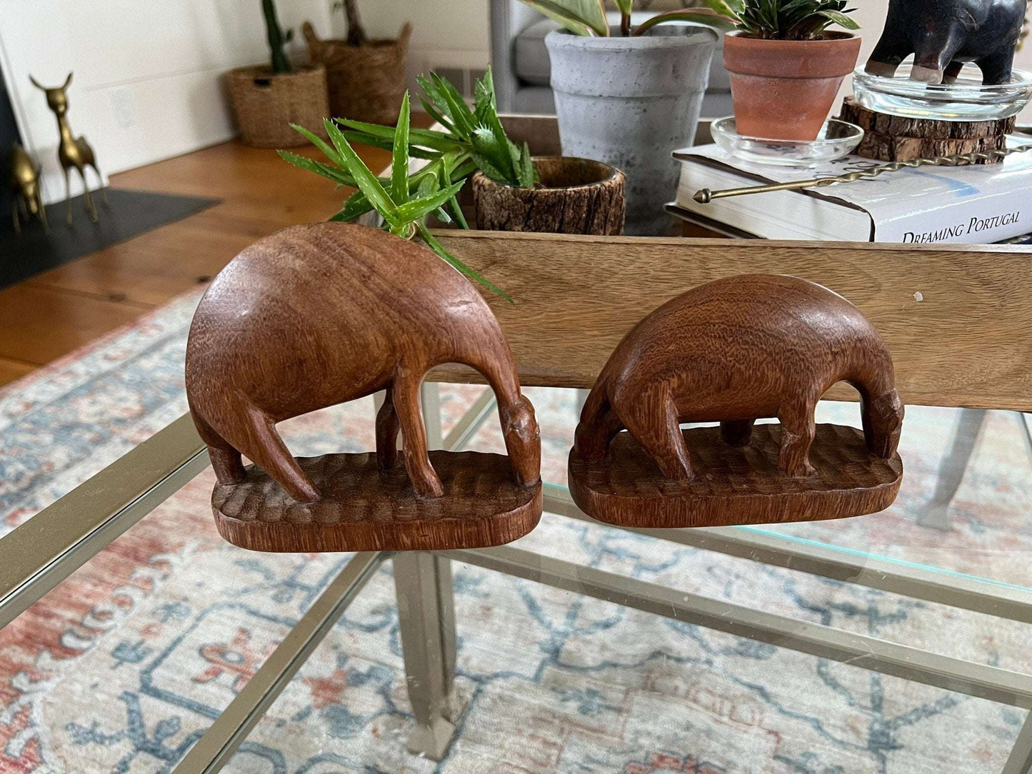 Hand - Carved Wood Drinking Antelope Figurines, Pair — Solid Wood, African, c. Mid - 20th Century - Loom Vintage