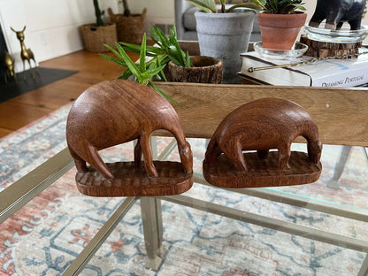 Hand - Carved Wood Drinking Antelope Figurines, Pair — Solid Wood, African, c. Mid - 20th Century - Loom Vintage