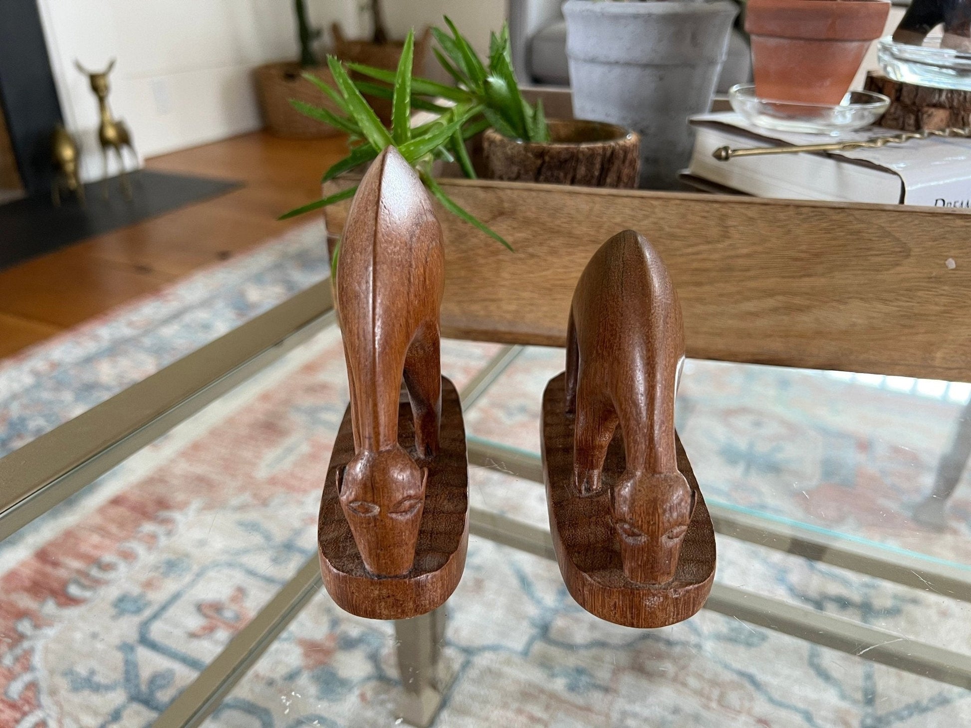 Hand - Carved Wood Drinking Antelope Figurines, Pair — Solid Wood, African, c. Mid - 20th Century - Loom Vintage